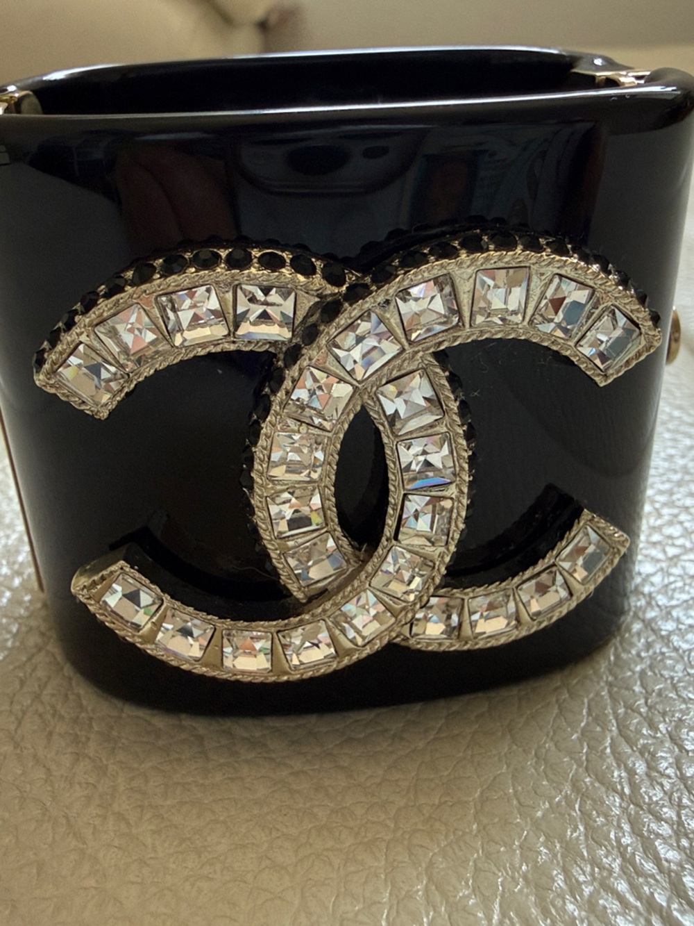 CHANEL Black Resin Cuff Bracelet with Gold-Tone CC Accent